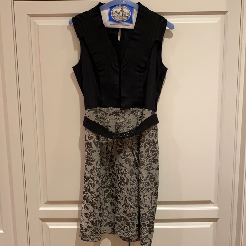 BCBG Maxazria Black and Silver Belted Dress
